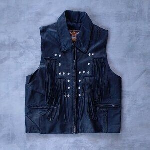 VINTAGE GENUINE LEATHER Black Leather Vest with Fringe and Studs